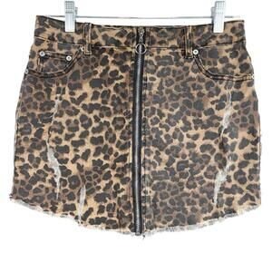 Cheetah Print Distressed Denim Mini Skirt Y2K Grunge Punk Rock Women’s M